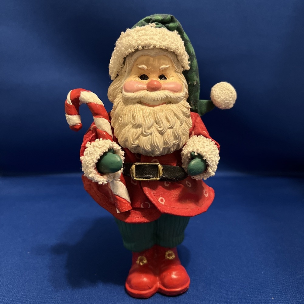 Fabric PaperMache Vintage Santa Candy Cane Holiday Decor Figurine 6"